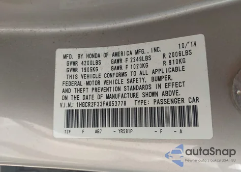 2015 Honda Accord Lx from USA, damaged, VIN 1HGCR2F33FA053778